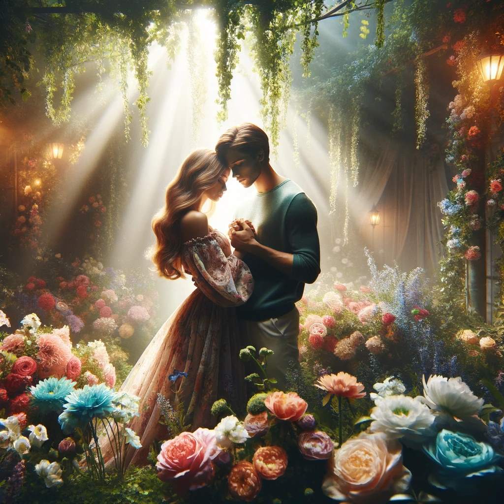 DALL·E 2024-01-18 23.02.53 - A romantic, enchanted garden scene with a couple holding hands amidst lush, colorful flowers under soft, magical lighting. They are wrapped in a tende